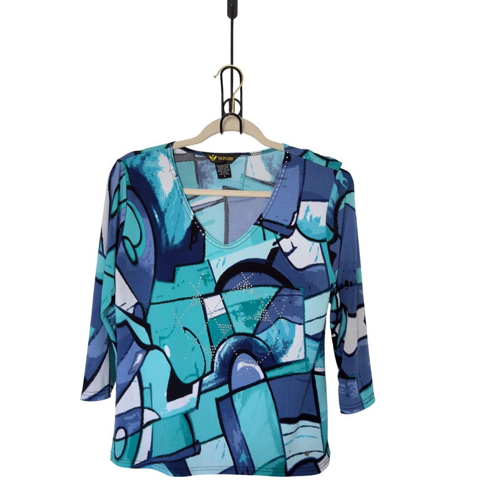 Valentina Small V Neck Abstract Geometric Art Rhinestone Embellished Top Weekend